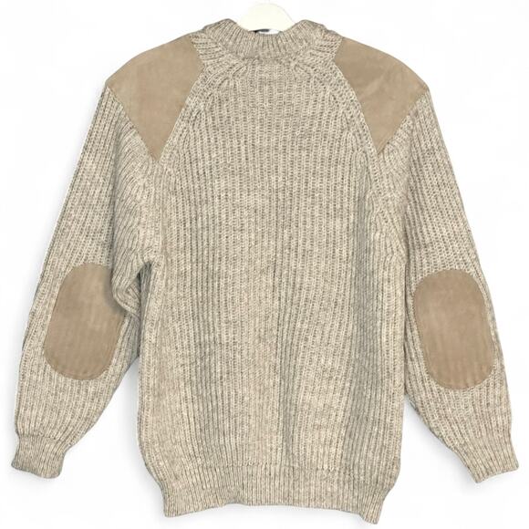 Cabela’s Vintage Wool Field Sweater Sz M 48" Chest Oatmeal Tan Suede Patches UK - Picture 4 of 6